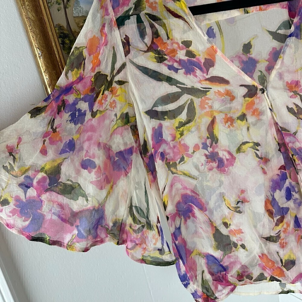 Lavender Brown Silk Floral Sheer Top Flutter Bell Sleeve Feminine Size XS - Picture 3 of 6